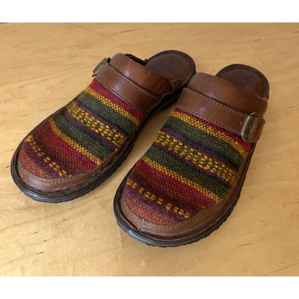 Born Women's Brown Leather Wool Slip-on Mules Clogs Southwestern Y2K Sz: 9M 40.5 - Picture 2 of 7